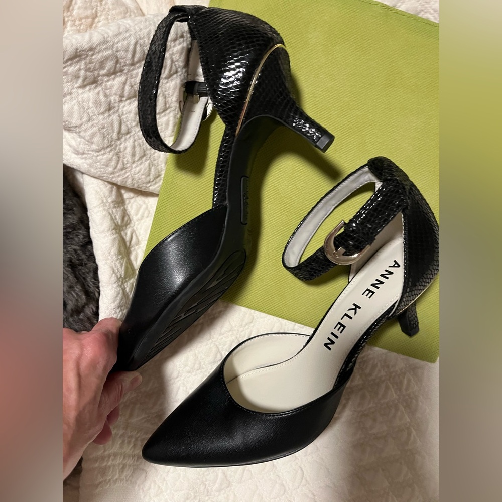 Anne Klein  leather black ankle stray heels, worn ONE time